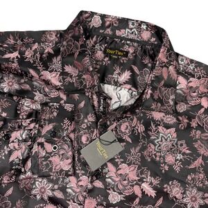 Asian Style Silk Blend Shirt Mens XXXL Black Pink Floral Jacquard Formal NEW